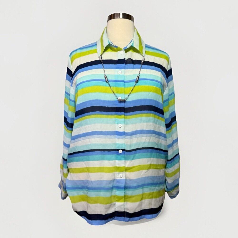 Josephine Chaus Blue, Green & White Striped Button-Up Blouse